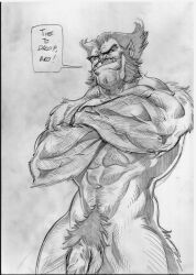 anthro balls bara beast_(x-men) crossed_arms flaccid furry hank_mccoy kupopo male male_only marvel marvel_comics monochrome muscles muscular nude penis solo solo_male speech_bubble x-men