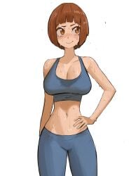 1girls abs after_workout athletic_female big_breasts big_eyes blush bowl_cut brown_eyes brown_hair cleavage cowboy_shot cute fit_female gym_clothes hand_on_hip kill_la_kill leggings looking_away looking_to_the_side lowleg mankanshoku_mako midriff navel nervous sfw short_hair slim_waist smile smirk solo solo_female sports_bra sweat sweating sweating_profusely sweaty tefiblum wet_body wide_hips workout_clothes yoga_pants