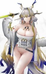 alternate_breast_size arknights bare_shoulders blonde_hair blue_hair bottomless breasts choker cleavage colored_tips dragon_girl dragon_horns earrings female gradient_hair grey_hair highres holding holding_sword holding_weapon horns jacket jewelry large_breasts long_hair long_sleeves looking_at_viewer multicolored_hair off_shoulder open_clothes open_jacket pointy_ears pussy_juice shu_(arknights) solo strapless sword tassel tassel_earrings tube_top weapon white_background white_jacket yuuki_mix