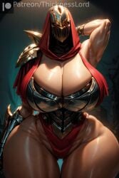 1girls ai_generated alternate_body_type alternate_breast_size alternate_costume armor armpits arms_behind_head arms_up biceps big_breasts breasts breasts_bigger_than_head child_bearing_hips curvaceous curves curvy curvy_body curvy_female curvy_figure curvy_hips female female_only genderswap_(mtf) hi_res high_resolution highres hips hips_wider_than_shoulders hood hourglass_figure huge_breasts hyper hyper_breasts league_of_legends masked masked_female massive_breasts massive_thighs monster monster_girl muscular muscular_female red_eyes riot_games rule_63 shiny_skin skull_crushing_thighs solo solo_female solo_focus stable_diffusion thick_thighs thicknesslord thighs voluptuous voluptuous_female wide_hips zed