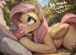 1boy 1girls ai_generated blue_eyes blush cum cum_in_mouth equid equine fellatio female feral fluttershy_(mlp) friendship_is_magic hair hasbro interspecies male male/female mammal my_little_pony oral pegasus penis pink_hair thinking thought_bubble yellow_body yellow_fur