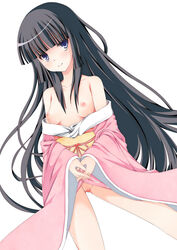 bangs bare_shoulders black_hair blue_eyes blunt_bangs breasts female japanese_clothes kaguya_houraisan kimono long_hair nipples no_bra no_panties obi off_shoulder pussy simple_background smile solo straight_hair touhou uncensored very_long_hair white_background yako