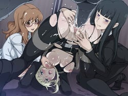 black_hair blonde_hair blue_eyes boots breast_grab breast_squeeze breasts brown_eyes brown_hair censored cum cum_inside darker_than_black gangbang glasses group_sex hat hazuki_mina_(darker_than_black) lolita_channel long_hair mosaic mosaic_censoring multiple_girls nipples no_panties open_mouth penis purple_eyes saliva sawasaki_youko sex shizume_genma straight tanya_(darker_than_black) top-down_bottom-up torn_clothes very_long_hair