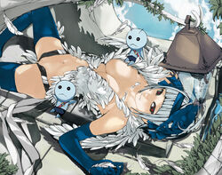 1girls angel_(fairy_tail) bangs blue_elbow_gloves blue_long_gloves blunt_bangs breasts cleavage elbow_gloves fairy_tail feathers female gemini_(fairy_tail) gloves hairband large_breasts long_gloves lying navel no_panties nyami-p on_back pussy red_eyes sorano_aguria thighhighs torn_clothes uncensored vagina white_hair