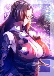 1girls absurdres alternate_costume bare_shoulders breasts brown_eyes brown_hair cleavage closed_mouth detached_sleeves female female_only fire_emblem fire_emblem_fates fireworks hair_over_one_eye highres kagero_(fire_emblem) kagero_(winds_offered)_(fire_emblem) large_breasts long_hair looking_at_viewer night night_sky nintendo sky smile solo to_(tototo_tk) upper_body