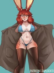 1girls abs alternate_version_available aurora_(league_of_legends) blue_eyes blue_panties bra bunny bunny_ears clothing exhibitionism exhibitionist female_only glasses league_of_legends lingerie long_socks looking_at_viewer medium_breasts nerdy_female public red_hair riot_games semi_nude shy solo_focus spots string_bikini string_bra tattoo text thick_thighs thighhighs tight_clothing trenchcoat zaplock13