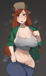 big_breasts bobtheneet clothing color disney elijahzx gravity_falls grey_background hat long_sleeves no_bra no_panties panting solo sweat wendy_corduroy