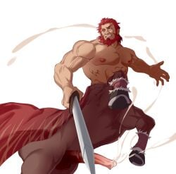 1boy 2boys abs animal_genitalia animal_genitalia_on_humanoid animal_penis bara beard boner cape centaur cum erection facial_hair fate/grand_order fate_(series) feet_out_of_frame from_below full_beard hachikenoko_(weigham) highres holding holding_sword holding_weapon horse_penis horsecock_on_humanoid iskandar_(fate) large_pectorals looking_to_the_side male_centaur male_focus male_only mature_male monsterification multiple_boys muscular muscular_male navel nipples nude old old_man pectorals penis projectile_cum red_eyes red_hair serious solo sword taur thick_beard thick_eyebrows tsurime uncensored veins veiny_arms weapon