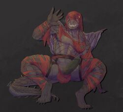 2024 5_fingers amiryth anthro balls claws crouching digital_drawing_(artwork) digital_media_(artwork) erection finger_claws fingers genitals glans hi_res male male_focus male_only penis red_eyes scalie tail teeth toe_claws vaal_hazak