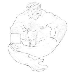 1boy anthro bara beast_(x-men) crossed_legs flaccid furry goggles goggles_on_head hank_mccoy human islate_(artist) male male_focus male_only marvel marvel_comics monkey_feet monochrome mug muscles muscular muscular_male nude prehensile_feet sitting solo solo_focus x-men