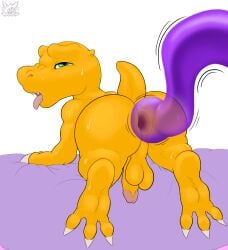 3_toes agumon anal anal_sex anthro balls bandai_namco bed bodily_fluids digimon digimon_(species) feet fennephilim_fox furniture genitals green_eyes hi_res humanoid_genitalia humanoid_penis looking_back male male_only open_mouth penetration penis small_tail solo spread_toes sweat tail tentacle toes tongue tongue_out translucent translucent_tentacles yellow_body