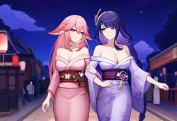 2girls ai_generated arm_hug bangs cleavage earrings females_only festival fox_ears genshin_impact hair_between_eyes hair_ornament large_breasts light_smile long_braid long_hair looking_at_another night night_sky novelai people_in_background pink_clothing pink_hair purple_clothing purple_eyes purple_hair raiden_shogun town very_long_hair walking yae_miko yukata