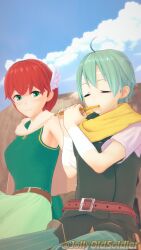 1boy 1girls 3d ahoge aqua_hair belt blue_hair breasts dress female fire_emblem fire_emblem:_the_blazing_blade flute green_eyes jollyoldsoldier male nils_(fire_emblem) nintendo outdoors playing_music priscilla_(fire_emblem) red_hair scarf short_hair sitting small_breasts smile woodwind_instrument