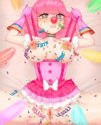 2022 anus balloons black_eyes blush breasts clown clown_girl clown_nose confetti dress female female_focus female_only galutine geiru_toneido gloves gyakuten_saiban laying_down laying_on_back legs_spread nipples overalls overalls_pull pink_hair pink_lips pussy thick_thighs thighs