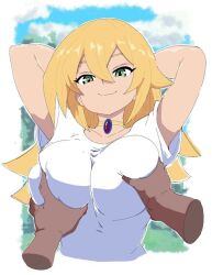 1boy 1girls 1other arms_behind_head arms_up blonde_hair breasts dark_magician_girl disembodied_hand duel_monster female fruitheadart green_eyes groping jewelry large_breasts long_hair looking_at_viewer necklace non-web_source second-party_source sexual_consent shirt smile solo_focus third-party_source white_shirt yu-gi-oh!