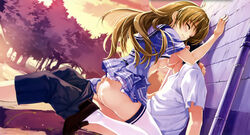 1boy 1girls ass ass_grab breasts chidori_minamo closed_eyes clothed_sex couple cowgirl_position dress female girl_on_top highres male misaki_kurehito nakano_hinata nipples no_panties open_clothes open_shirt outdoors outside school_uniform sex shirt shirt_lift skirt skirt_lift smile_cubic! straddle straight suiheisen_made_nan_mile? thighhighs upright_straddle