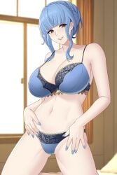 1girls aslindsamure blue_hair blue_nails blue_panties bra breasts brown_eyes cleavage female female_only fire_emblem fire_emblem:_three_houses large_breasts light-skinned_female lingerie looking_at_viewer marianne_von_edmund nail_polish nintendo panties solo stomach underwear