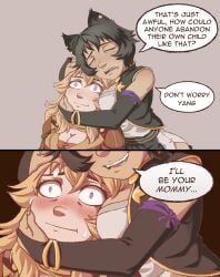 big_breasts blush cat_ears catgirl dialogue english_text faunus female girlfriends_mother human imminent_sex kali_belladonna milf nameless_shitbug rwby yang_xiao_long yuri