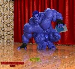 3d 3d_(artwork) anthro balls bara beast_(x-men) blue_body blue_skin bulge fingerless_gloves furry gloves hank_mccoy male male_only marvel marvel_comics muscles muscular penis snarlthewerewolf solo solo_male squatting x-men