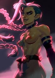 1girls belt blue_eyes blue_hair choker gloves jinx_(league_of_legends) league_of_legends league_of_legends:_wild_rift long_hair nude playzholder powder_(arcane) presenting pubic_hair small_breasts smile solo standing sweat tattoo