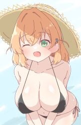 beach bent_over bikini blush cheerful cute green_eyes huge_thighs leaning_forward medium_hair nipple_bulge one_eye_closed orange_hair partially_submerged smile straw_hat swimsuit thick_thighs wide_hips