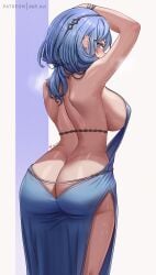 1girls abp_art ako_(blue_archive) ako_(dress)_(blue_archive) ass backless_outfit blue_archive blue_eyes blue_hair breasts cleavage dat_ass dress female female_only gehenna_academy_student hi_res huge_ass huge_breasts light-skinned_female light_skin long_hair prefect_team_(blue_archive) sideboob solo