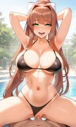 1boy 1girls ai_generated armpits arms_behind_head big_breasts bikini black_bikini breasts brown_hair doki_doki_literature_club female female_focus green_eyes huge_breasts large_breasts long_hair monika_(doki_doki_literature_club) navel ponytail pussy sex vaginal_sex