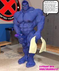 3d 3d_(artwork) anthro balls bara beast_(x-men) big_penis blue_body blue_skin blue_skinned_male boner erection furry glasses hank_mccoy male male_only marvel marvel_comics masturbation muscles muscular nude penis snarlthewerewolf solo solo_male speech_bubble x-men