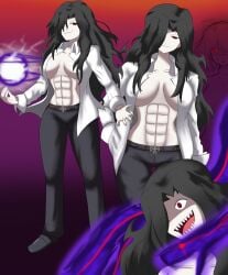 2girls abs arcueid_brunestud big_breasts black_hair breasts clothing crazy_eyes crazy_smile female female_focus female_only hair_over_one_eye hand_in_pocket imstupid13 long_sleeves looking_at_viewer magic michael_roa_valdamjong mtf_transformation no_bra open_shirt pants red_eyes rule_63 sharp_teeth shirt shoes smile thick_thighs transformation tsukihime type-moon vampire white_skin wide_hips