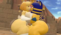 2023 2girls 3d animal_crossing ankha ankha_(animal_crossing) anthro ass big_ass big_breasts big_butt breasts dra111_(artist) dragon316 duo edit fat_ass furry huge_ass isabelle_(animal_crossing) kissing making_out source_filmmaker yuri