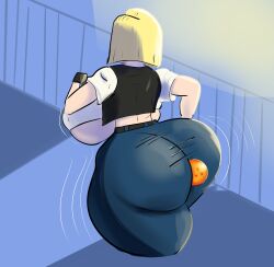 android_18 big_ass blonde_hair color dragon_ball dragon_ball_(object) dragon_ball_z huge_breasts huge_cock jeans jiggle jiggling_ass night short_sleeves vaionnet wide_hips