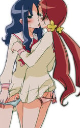 2girls ass blue_eyes blue_hair blush censored clothing erika_kurumi female heartcatch_precure! heartcatch_pretty_cure! kissing long_hair multiple_girls panties panty_pull precure pretty_cure pussy pussy_juice red_hair saliva school_uniform sekihara_umina simple_background tsubomi_hanasaki unagi_no_kabayaki underwear very_long_hair yuri