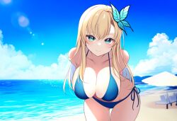 ai_generated arms_behind_back beach blonde_hair blue_bikini blue_eyes boku_wa_tomodachi_ga_sukunai butterfly_hair_ornament clouds female female female_focus female_only hanging_breasts large_breasts leaning_forward looking_at_viewer novelai seaside seductive_smile sena_kashiwazaki side-tie_bikini standing sun