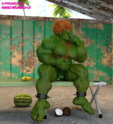 3d 3d_(artwork) balls bara big_penis blanka boner capcom erection green_body green_skin male male_only masturbation muscles muscular nude orange_hair penis sitting snarlthewerewolf solo solo_male street_fighter