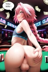 1boy 2d 2d_(artwork) 2d_artwork a.i.ddicted ai_generated anus ass ass_focus ass_grab asshole astolfo_(fate) balls big_anus big_ass big_balls big_butt braid casino crop_top dick fate_(series) femboy feminine_male girly grabbing_ass grabbing_own_ass huge_anus huge_ass huge_butt long_braid male male_only neon_lights nightclub novelai penis pink_eyes pink_hair poker_chips poker_table presenting_hindquarters puffy_anus smile sports_bra thick_ass thick_butt