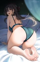 1girls all_fours artist_name ass_focus crawling feet female female_focus female_only green_lingerie honkai:_star_rail huge_ass lace_trim large_breasts lingerie looking_back on_bed patreon_username rear_view ruan_mei_(honkai:_star_rail) smile soles thick_thighs toes tofuubear watermark wide_hips