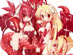 :p :q bat_wings biosuit blonde_hair breasts bukkake consensual_tentacles cum demon_girl demon_tail demon_wings detached_sleeves devil disgaea disgaea_1 erect_nipples etna flonne flonne_(fallen_angel) horns living_clothes long_hair nakobasu naughty_face nippon_ichi_software pointy_ears red_eyes red_hair succubus_(disgaea) tail tentacle tongue