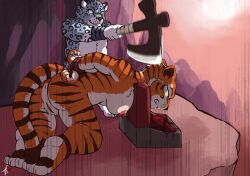 anthro axe baroque_(artist) blood bodily_fluids bound breasts chopping_block decapitation dreamworks execution felid female genitals guro imminent_death kung_fu_panda legs_tied male mammal master_tigress nipples nude pantherine pussy snow_leopard snuff tiger wrists_tied