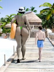 3d 3d_(artwork) absurd_res alcina_dimitrescu artist_name ass ass_focus bikini capcom female green_bikini hi_res male resident_evil resident_evil_8:_village staring staring_at_ass thick_thighs unnamed_male walking wide_hips
