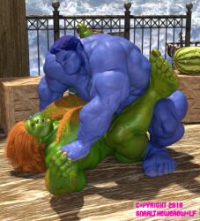 3d 3d_(artwork) anal anal_sex anthro balls bara beast_(x-men) big_penis blanka blue_body blue_skinned_male boner capcom crossover erection furry gay green_body green_skin hank_mccoy male male_only marvel marvel_comics mating_press muscles muscular nude orange_hair penis sex snarlthewerewolf street_fighter x-men