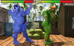 3d 3d_(artwork) anthro balls bara beast_(x-men) big_penis blanka blue_body blue_skinned_male boner capcom crossover erection furry gay green_body green_skin hank_mccoy male male_only marvel marvel_comics muscles muscular nude orange_hair penis snarlthewerewolf street_fighter x-men