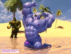 3d 3d_(artwork) anthro balls bara beast_(x-men) big_penis blue_body blue_skin blue_skinned_male boner erection furry green_body green_skin hank_mccoy hulk hulk_(series) male male_only marvel marvel_comics muscles muscular nude partially_submerged penis snarlthewerewolf x-men