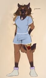 anthro bodily_fluids bulge canid canine canis clothed_gynomorph clothed_intersex clothing domestic_dog dripping english_text erection erection_under_clothing footwear good_morning gynomorph herding_dog hi_res intersex josie_dubois malinois_dog mammal morning_wood mtue32 pastoral_dog saliva saliva_drip sheepdog shoes slippers solo tattoo tenting text tired trans_(lore) trans_woman_(lore) waking_up wet_dream