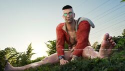 1boy 1human 1male 3d 3d_(artwork) 3d_model barefoot_on_grass brown_eyes brown_hair casual_nudity ckang2021 david_king dead_by_daylight friendly gentle hairy_chest hunched_over innocent jacket_open light-skinned_male light_skin looking_at_you male male_focus male_only masculine naked naked_male nonsexual nude nude_male outdoors peaceful smile solo solo_focus solo_male sunglasses