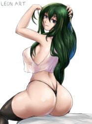 1girls ass big_ass breasts dat_ass eye_contact female female_only green_hair large_ass leonart long_hair looking_at_viewer my_hero_academia panties sitting solo thick_ass thick_thighs thighhighs thighs thong transparent_clothing tsuyu_asui white_background