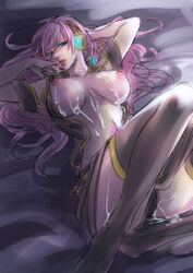 1girls blue_eyes breasts bukkake cum cum_on_body cum_on_breasts cum_on_upper_body facial female headphones highres kyouko_(roughplus) large_breasts long_hair lying megurine_luka naughty_face on_back pink_hair sketch skirt smile solo thighhighs vocaloid zettai_ryouiki