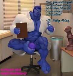 3d 3d_(artwork) anthro autofootjob balls bara beast_(x-men) big_penis blue_body blue_skin blue_skinned_male boner bottomless erection footjob furry glasses hank_mccoy labcoat male male_only marvel marvel_comics muscles muscular pantsless penis sitting snarlthewerewolf solo solo_male x-men