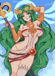 1girls breasts female female_only green_eyes green_hair kid_icarus nintendo palutena pixel_art solo tagme yumykon