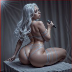 1girls ai_generated ass big_ass celebrity female_only lady_gaga microphone real_person silver_hair sitting tagme