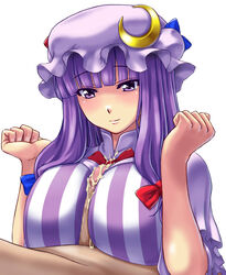 breasts censored cum cum_on_body cum_on_breasts cum_on_upper_body female hairbow hat highres human kuimono large_breasts long_hair male paizuri paizuri_over_clothes patchouli_knowledge penis pov purple_eyes purple_hair sex smile straight touhou